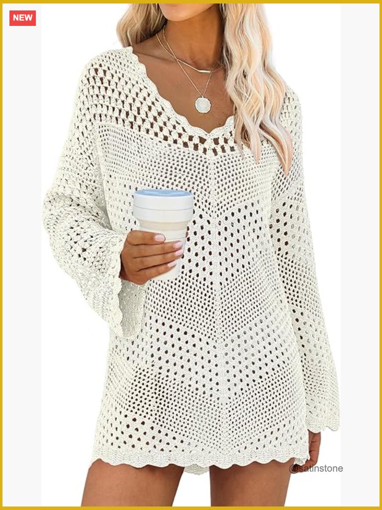 Crochet Mesh Knit V-Neck Long Sleeve Mini Dress Swimsuit Cover Up Beach Vacation